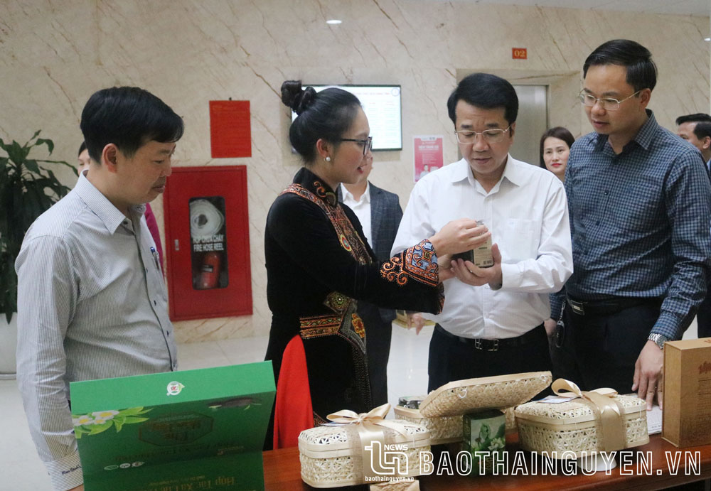 Đồng chí Phó Chủ tịch UBND tỉnh Nguyễn Thanh Bình cùng các đại biểu thăm gian trưng bày sản phẩm lưu niệm, quà tặng du lịch.