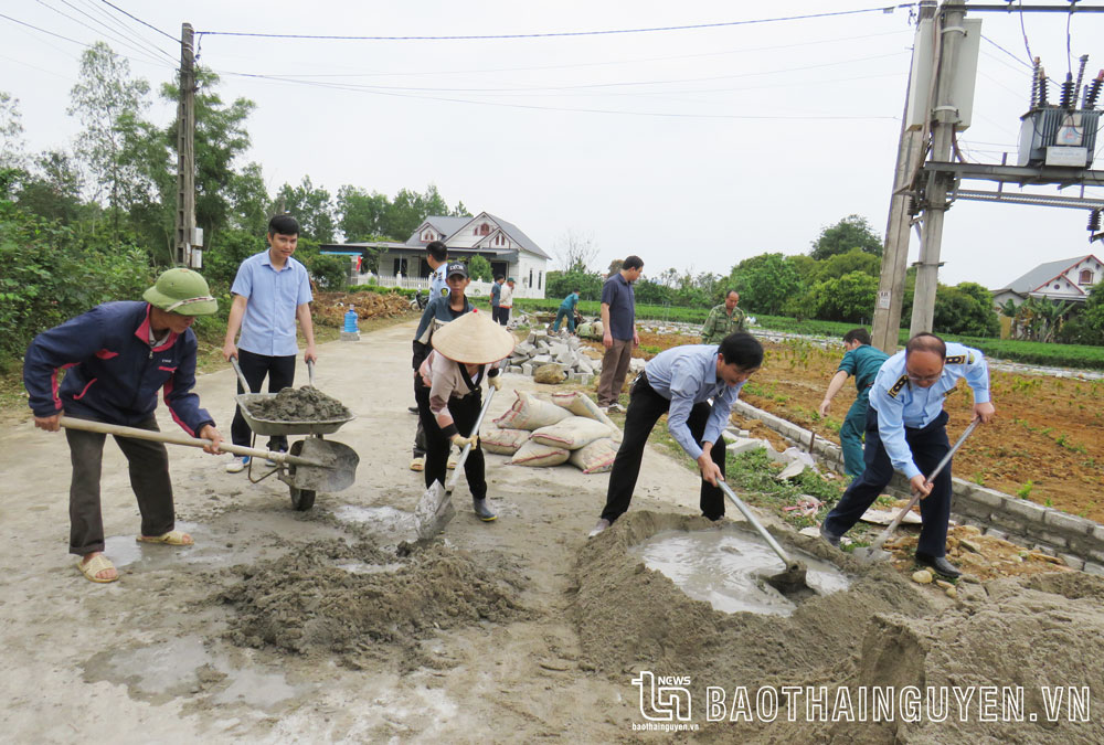 Lãnh đạo, công chức, viên chức huyện Đại Từ cùng nhân dân tham gia xây dựng công trình vườn hoa ô mẫu nông thôn mới tại xã Tiên Hội.
