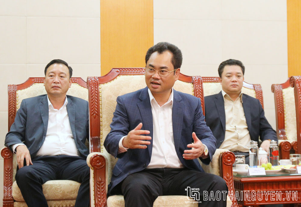 Đồng chí Trịnh Việt Hùng, Ủy viên dự khuyết Trung ương Đảng, Phó Bí thư Tỉnh ủy, Chủ tịch UBND tỉnh Thái Nguyên, phát biểu tại buổi làm việc.