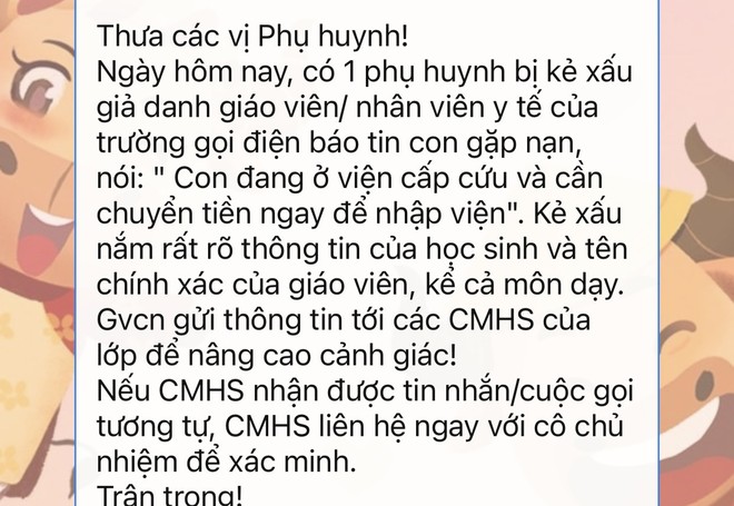 Nhiều trường học ở Hà Nội đã thông báo tới phụ huynh về thủ đoạn lừa đảo mới.