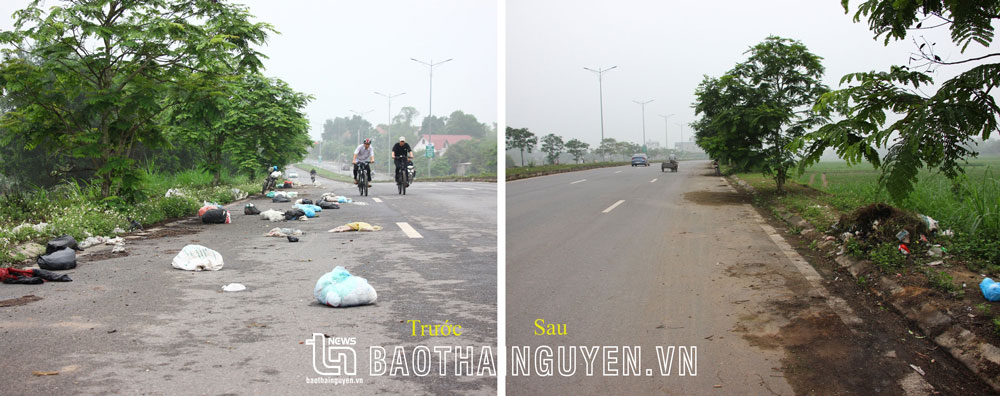 Rác thải bị vứt dưới lòng đường Vành đai 5 đoạn giáp ranh giữa phường Tiên Phong và xã Nga My đã được thu gọn để chuẩn bị đưa đi xử lý.