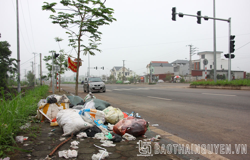 Tương tự, dù đã có biển cấm đổ rác nhưng những người dân thiếu ý thức vẫn vứt rác thành đống cạnh đường Vành đai 5 đoạn qua xã Nga My (Phú Bình).