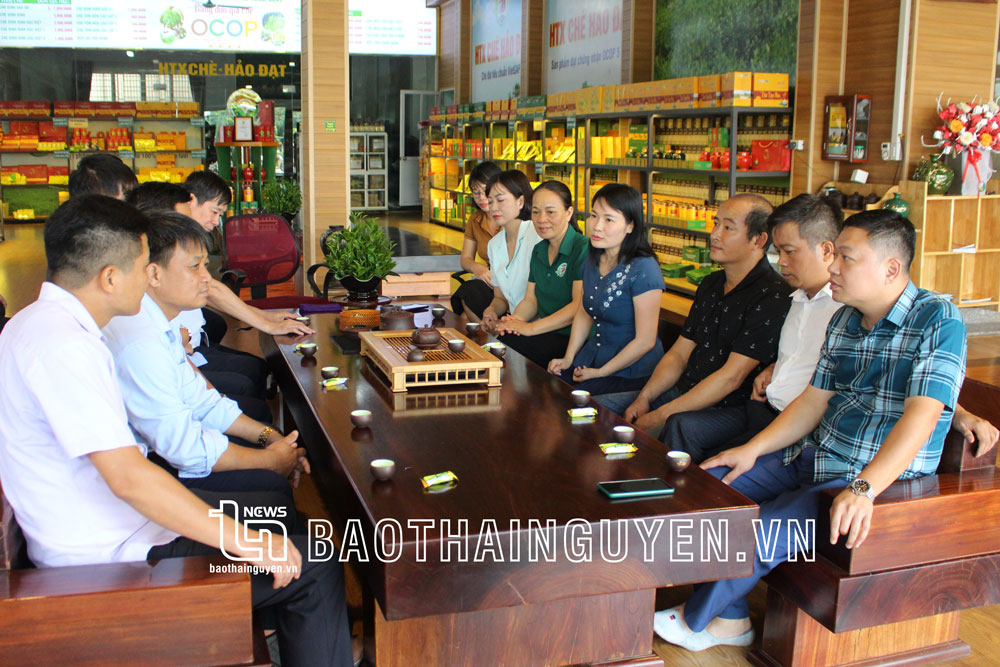 Đoàn công tác của TP. Thái Nguyên tham qua, thưởng trà tại HTX chè Hảo Đạt, xã Tân Cương.