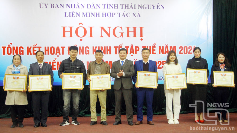 Lãnh đạo Liên minh HTX tỉnh tặng giấy khen cho các tập thể, cá nhân có thành tích xuất sắc trong phong trào thi đua “Phát triển kinh tế tập thể tỉnh Thái Nguyên” năm 2024.
