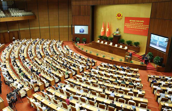 Sáng 16/9/2025, Bộ Chính trị, Ban Bí thư tổ chức Hội nghị toàn quốc (trực tiếp kết hợp trực tuyến) quán triệt, triển khai thực hiện 4 nghị quyết của Bộ Chính trị (Nghị quyết số 59-NQ/TW, Nghị quyết số 70-NQ/TW, Nghị quyết số 71-NQ/TW, Nghị quyết số 72-NQ/TW). Ảnh minh họa: TTXVN