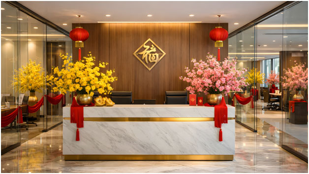 Bố trí chậu mai và cành đào tại sảnh lễ tân giúp không gian trở nên tươi mới.