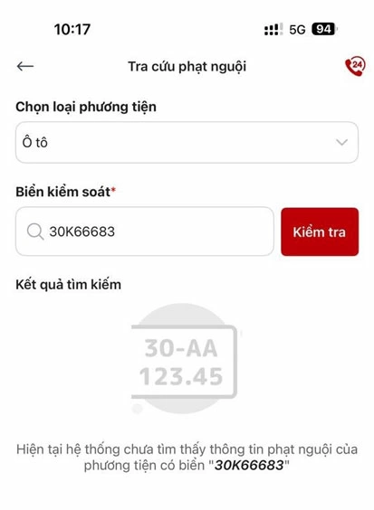 Nhập biển số xe để kiểm tra phạt nguội trên App vnEtraffic.