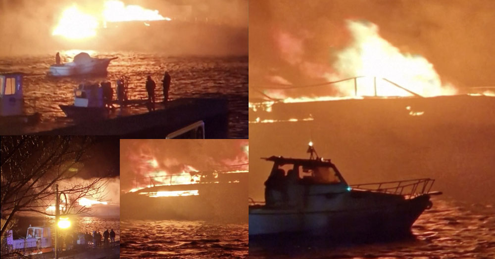 Một số hình ảnh vụ cháy du thuyền trong cảng San Felice Circeo ở miền Trung Italy vào đêm 10/2/2024. Ảnh cắt từ clip Reuters/Gianmarco Cataldo