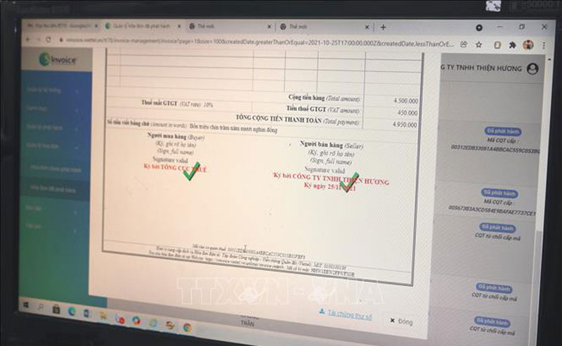 Hóa đơn điện tử. Ảnh minh họa: Thanh Vân/TTXVN