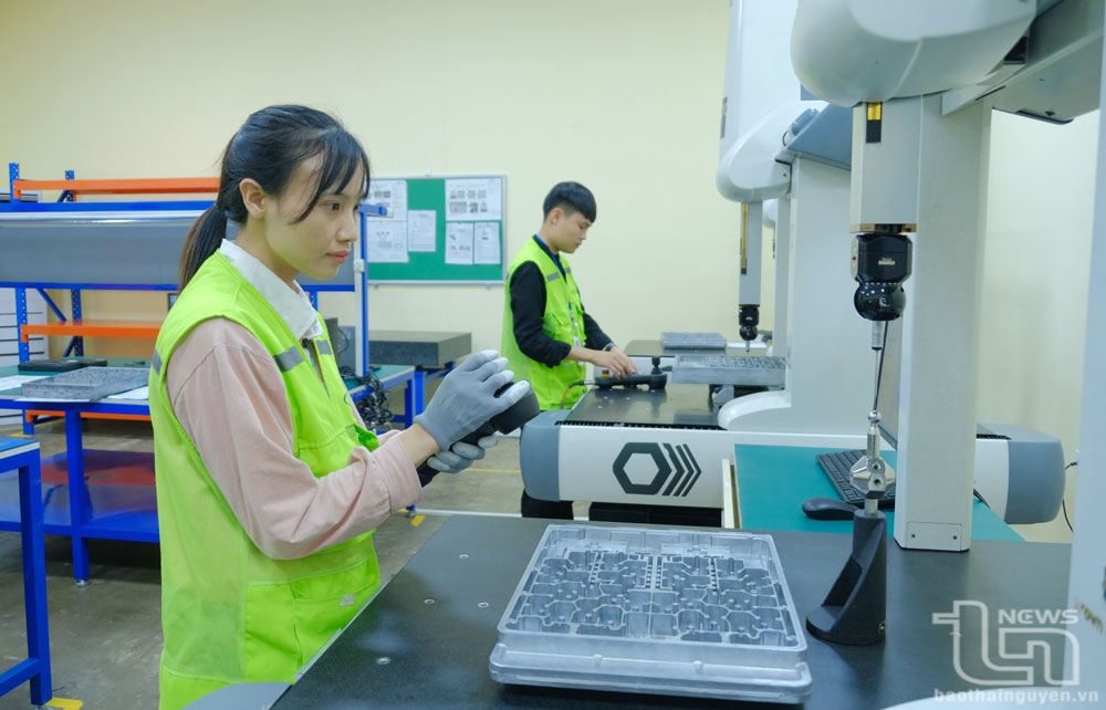 Công nhân Công ty TNHH BIGL Việt Nam (Khu công nghiệp Sông Công 2) trong giờ làm việc. Ảnh: Lăng Khoa
