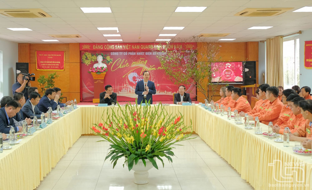 Đồng chí Phó Bí thư Thường trực Tỉnh ủy Phạm Hoàng Sơn phát biểu động viên tập thể Công ty CP Nhiệt điện An Khánh.