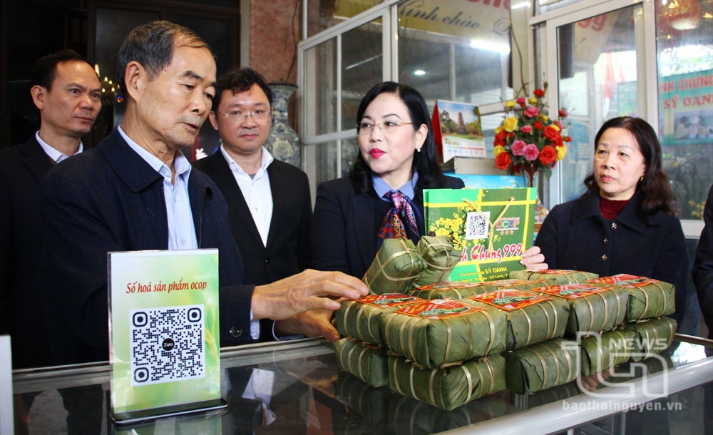 Đồng chí Bí thư Tỉnh ủy Nguyễn Thanh Hải thăm hỏi tình hình sản xuất, tiêu thụ sản phẩm của bà con nhân dân Làng nghề bánh chưng Bờ Đậu.