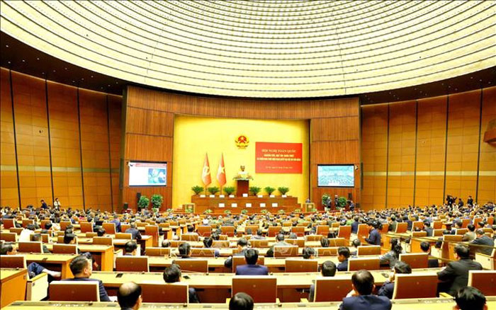 Quang cảnh hội nghị tại điểm cầu chính Hội trường Diên Hồng, Nhà Quốc hội.