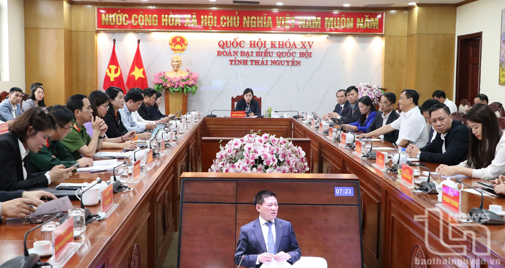 Đồng chí Nguyễn Thanh Hải, Ủy viên Trung ương Đảng, Bí thư Tỉnh ủy, Trường Đoàn đại biểu Quốc hội tỉnh và các đại biểu dự tại điểm cầu Thái Nguyên.