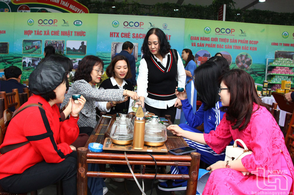 Du khách thưởng thức trà Thái Nguyên tại Ngày hội.