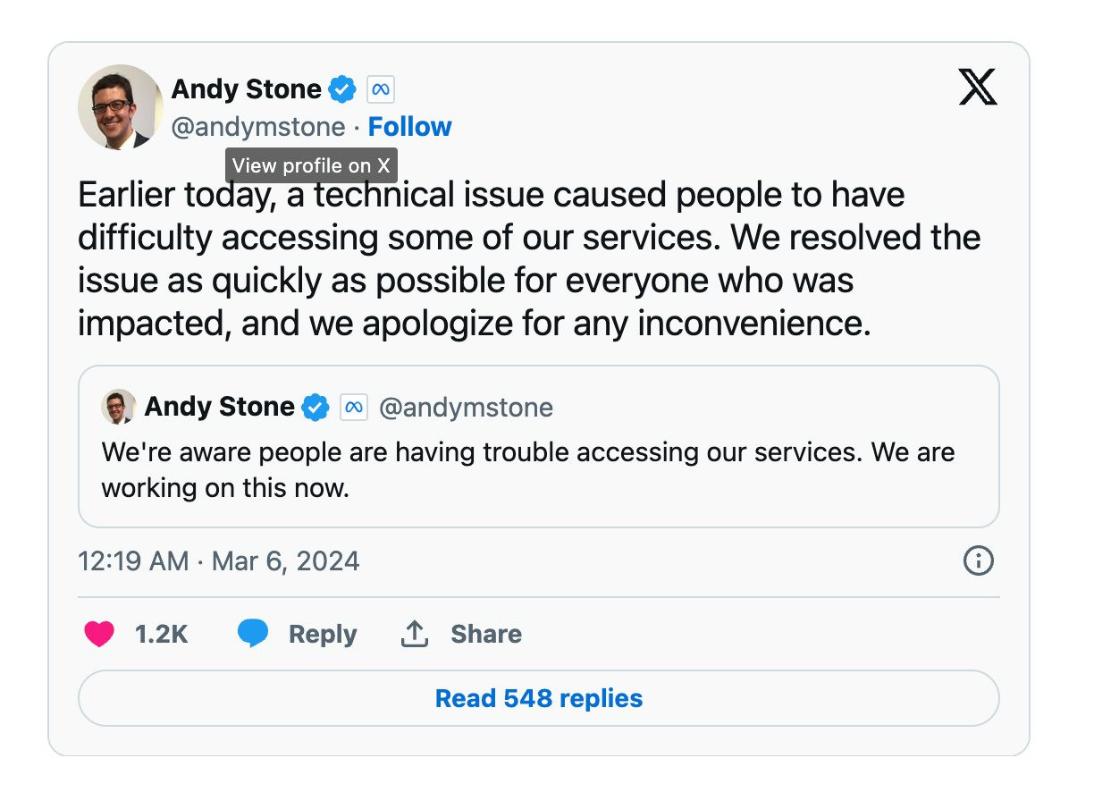 Bài đăng trên mạng xã hội X của Người phát ngôn Meta Andy Stone.