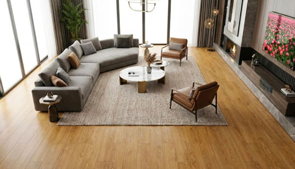 Sàn gỗ công nghiệp mang lại không gian sang trọng cho phòng khách.