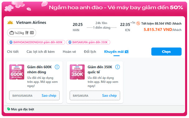 Các mã giảm giá trực tiếp khi đặt vé.