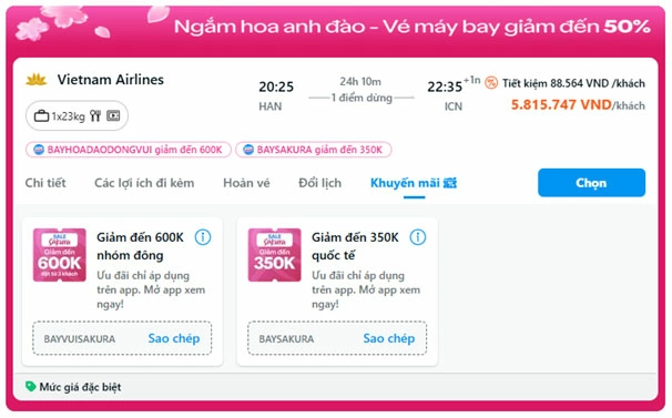 Các mã giảm giá trực tiếp khi đặt vé.