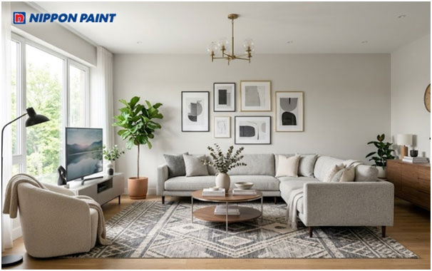 Sơn tường xám trắng giúp phòng khách trở nên tinh tế và hiện đại.