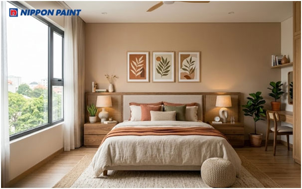 Không gian phòng ngủ sơn tường màu nâu ấm áp, thư giãn.