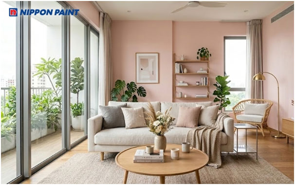 Sơn tường màu hồng tạo điểm nhấn tinh tế cho không gian phòng khách.