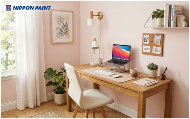 Sắc hồng nhẹ mang lại cảm giác dễ chịu cho góc làm việc tại nhà.