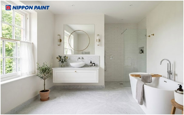 Tông xám trắng mang lại vẻ sáng thoáng và cảm giác thanh lịch cho phòng tắm.