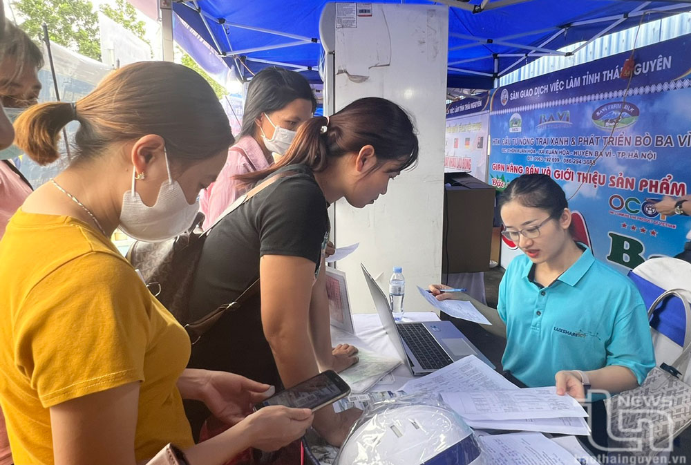 Nhiều người lao động đăng ký kết nối việc làm ngay sau Lễ khai mạc Tháng cao điểm kết nối cung - cầu lao động tỉnh Thái Nguyên năm 2024.