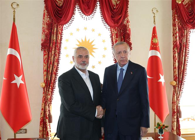 Tổng thống Thổ Nhĩ Kỳ Recep Tayyip Erdogan (phải) trong cuộc gặp lãnh đạo Phong trào Hồi giáo Hamas, ông Ismail Haniyeh, tại Istanbul, ngày 20/4/2024. Ảnh: AFP/TTXVN