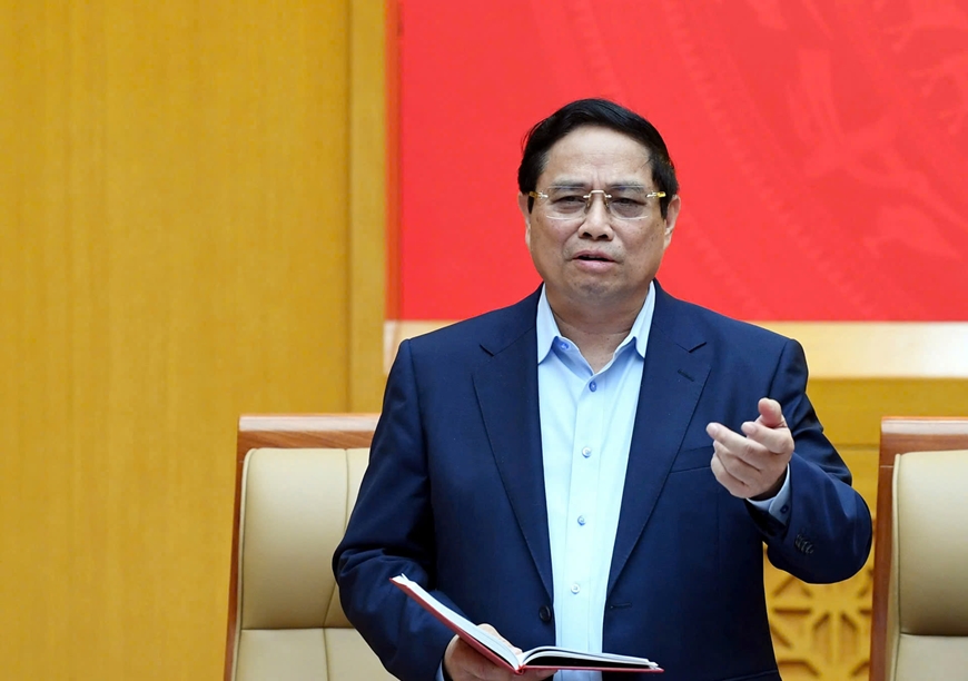 Thủ tướng Chính phủ Phạm Minh Chính, Ủy viên Thường vụ Quân ủy Trung ương phát biểu tại hội nghị. 