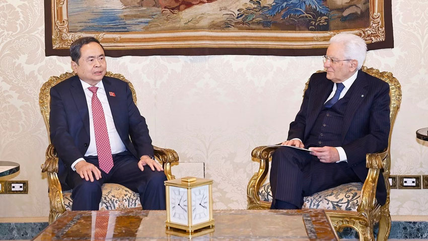 Chủ tịch Quốc hội Trần Thanh Mẫn hội kiến Tổng thống Italia Sergio Mattarella. (Ảnh: TTXVN)
