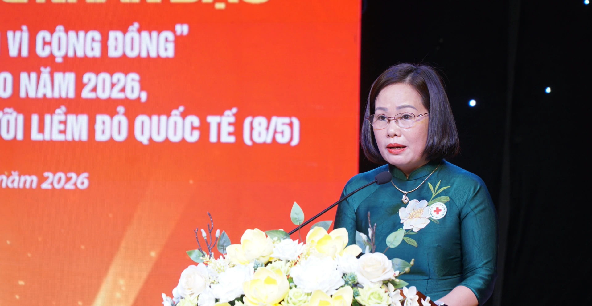 Đồng chí Kiều Thị Thao , Chủ tịch Hội Chữ thập đỏ tỉnh Thái Nguyên phát biểu phát động “Tháng nhân đạo” năm 2026.