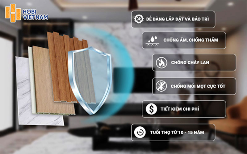 Tấm nhựa ốp tường Hobi có khả năng chống ẩm, chống cháy lan vượt trội.
