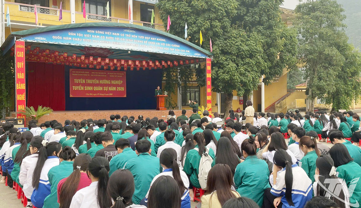 Đại diện các học viện, nhà trường trực tiếp đối thoại và tư vấn tuyển sinh quân sự cho học sinh Trường THPT Chợ Mới.