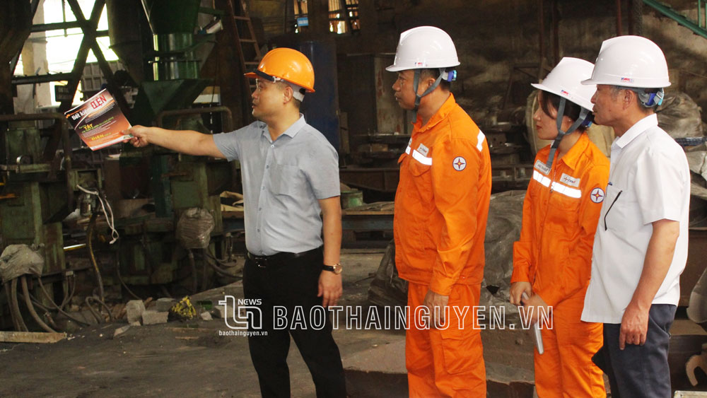 Công nhân Công ty Điện lực Thái Nguyên tuyên truyền hướng dẫn sử dụng điện tiết kiệm, an toàn tại Công ty CP cơ khí Gang thép.