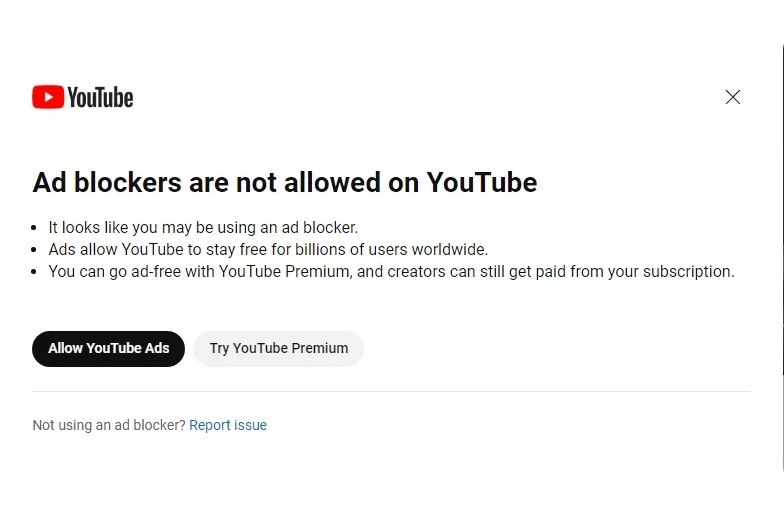 Thông báo về việc buộc phải tắt các công cụ chặn quảng cáo mới có thể xem video trên YouTube.