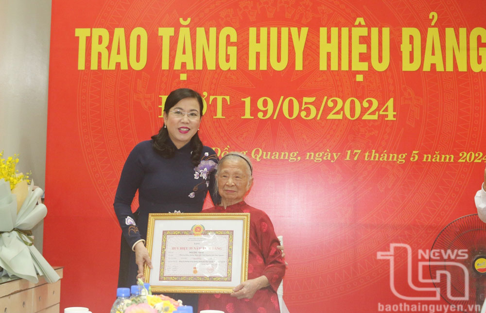 Đồng chí Bí thư Tỉnh ủy Nguyễn Thanh Hải trao tặng Huy hiệu Đảng cho đảng viên Đỗ Thị Thái.