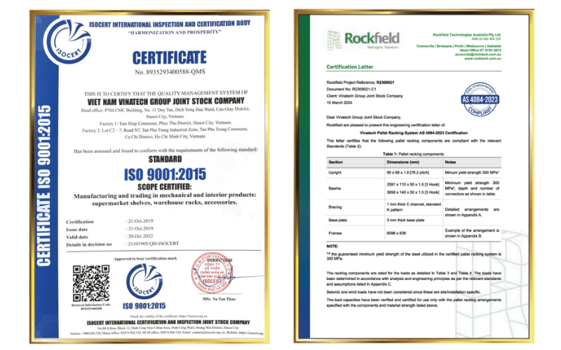  
Chứng nhận ISO 9001 và AS 4084-2023 sản phẩm giá kệ tại Vinatech Group