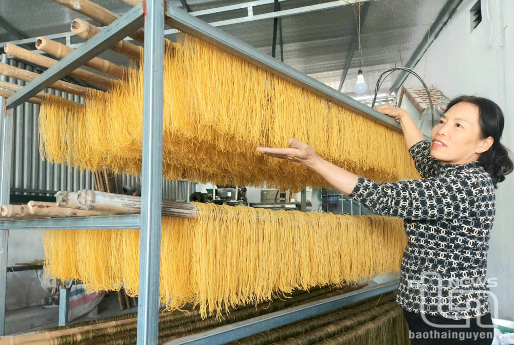 Chế biến mỳ từ gạo Bao thai đặc sản theo quy trình sản xuất công nghiệp trên địa bàn huyện Định Hóa góp phần tăng giá trị nông sản 25%.