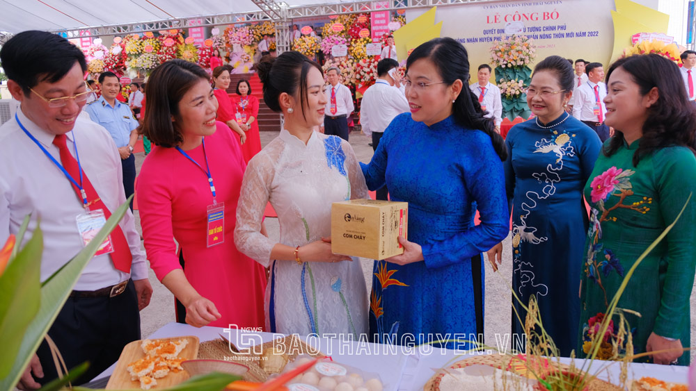 Đồng chí Bí thư Tỉnh ủy tham quan các gian hàng trưng bày các ẩn phẩm nông nghiệp của huyện Phú Bình.