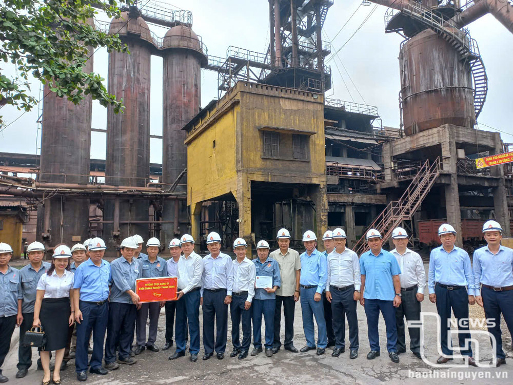 Thường trực Đảng ủy Khối Doanh nghiệp Trung ương, Đảng ủy Tổng Công ty Thép Việt Nam thăm dây chuyền sản xuất và tặng quà cho cán bộ, người lao động trong Công ty CP Gang thép Thái Nguyên.