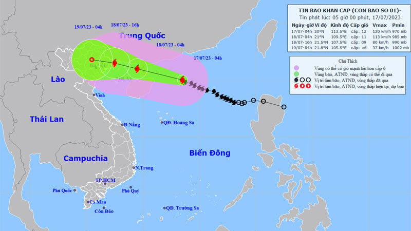 Vị trí và hướng di chuyển của bão số 1. (Nguồn: chmf.gov.vn)