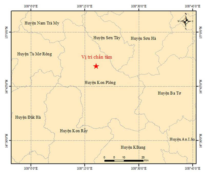 Vị trí chấn tâm trận động đất lúc 3 giờ 13 phút 48 giây tại Kon Plông. (Nguồn: Viện Vật lý Địa cầu)