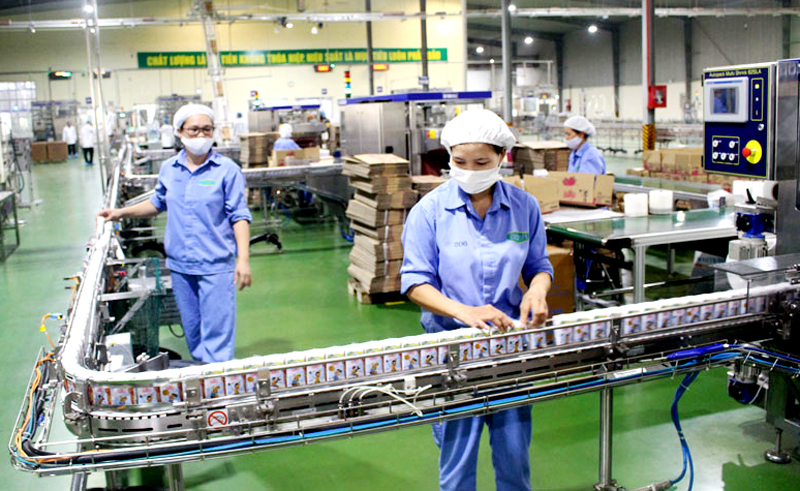 6 tháng đầu năm nay, giá trị sản xuất công nghiệp trên địa bàn TP. Phổ Yên đạt gần 366 nghìn tỷ đồng. Trong ảnh: Dây chuyền sản xuất tại Công ty CP sữa Elovi Việt Nam.