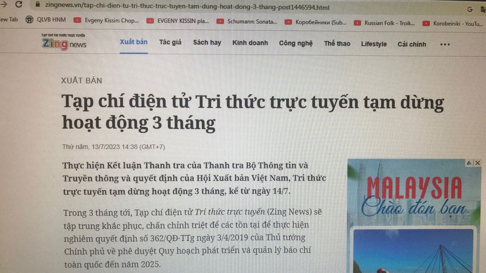 Tạp chí điện tử Zing News tạm dừng hoạt động 3 tháng. (Ảnh chụp màn hình)