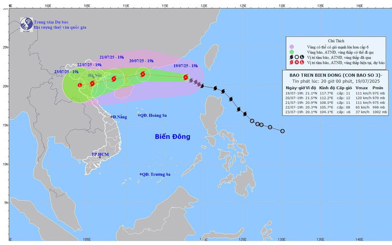 Bản đồ dự báo quỹ đạo và cường độ Bão số 3 phát lúc 20 giờ ngày 19/7/2025. (Ảnh: Trung tâm Dự báo Khí tượng Thủy văn quốc gia)