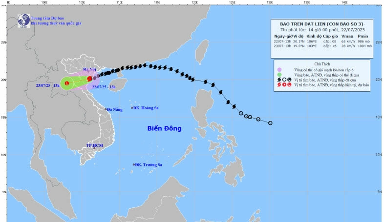 Bản đồ dự báo quỹ đạo và cường độ bão số 3 lúc 14 giờ ngày 22/7/2025.