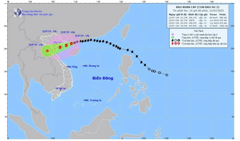 Bản đồ dự báo quỹ đạo và cường độ bão số 3 phát lúc 14 giờ ngày 21/7/2025. (Ảnh: Trung tâm dự báo khí tượng thủy văn quốc gia)