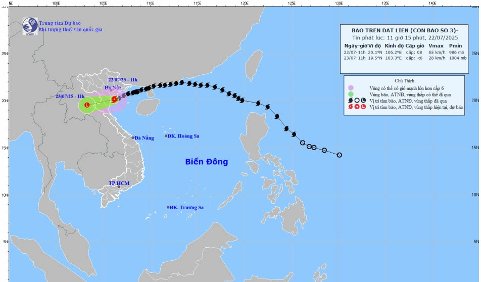 Bản đồ dự báo quỹ đạo và cường độ bão số 3 lúc 11 giờ 15 phút ngày 22/7/2025.